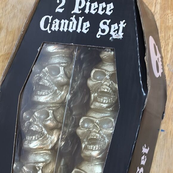 Halloween Decor Two Piece Light Gold Colored Stacked Skull Candlestick Set - Picture 2 of 7